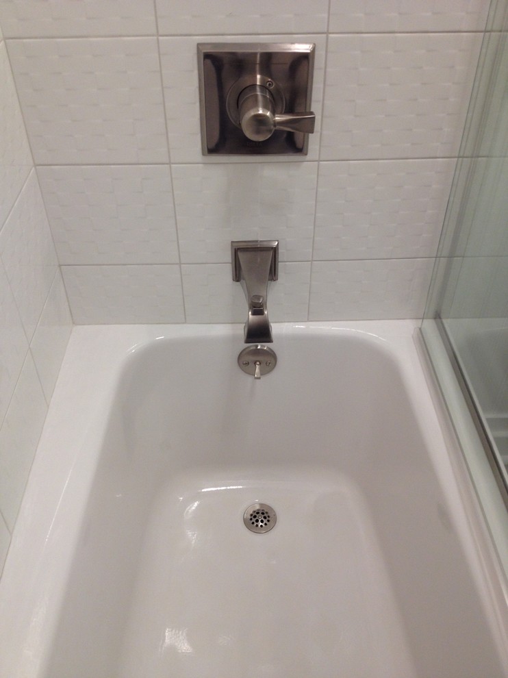 Home design - small transitional kids' white tile and ceramic tile porcelain tile home design idea with a pedestal sink and gray walls
