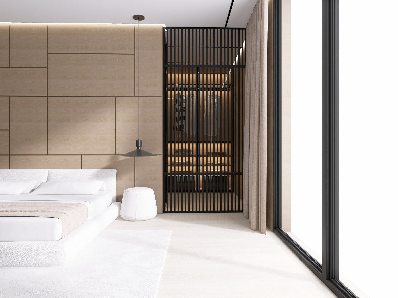 Мастер-блок с собственным гардеробом, необычным полками для книг и ковром на всю