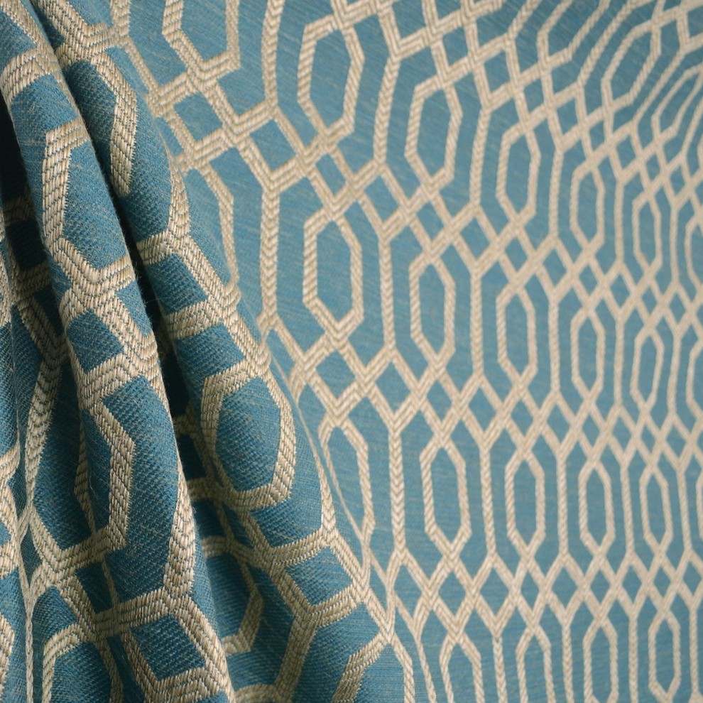 Parquet Slate Teal Blue Light Beige Grey Geometric Trellis Upholstery Fabric