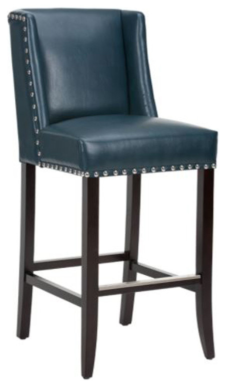 Wing Back Bar Stool, Blue Leather With Silver Nailhead, Bar Seat