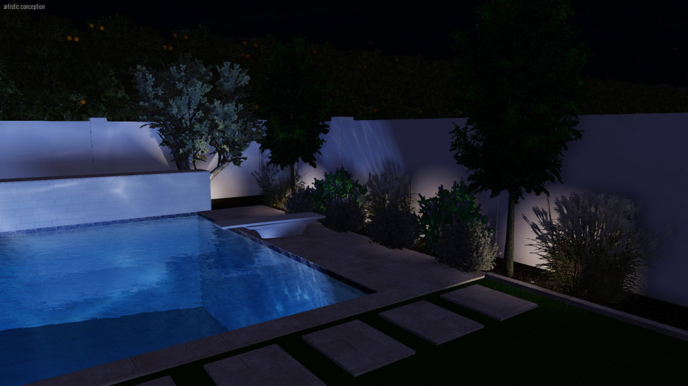 Источник вдохновения для домашнего уюта: большой ландшафтный бассейн произвольной формы на заднем дворе в стиле модернизм с покрытием из каменной брусчатки