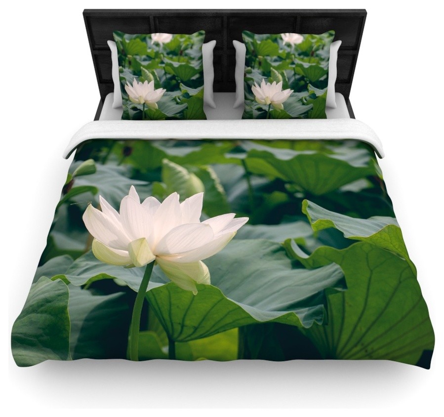 Catherine McDonald "White Lotus" Green White Queen Featherweight Duvet Cover