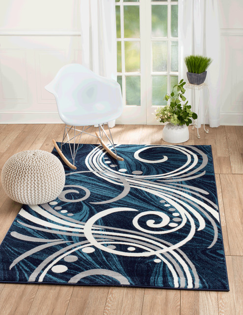 Summit Navy Blue Abstract Swirl Area, Light Gray And Navy Blue Area Rug