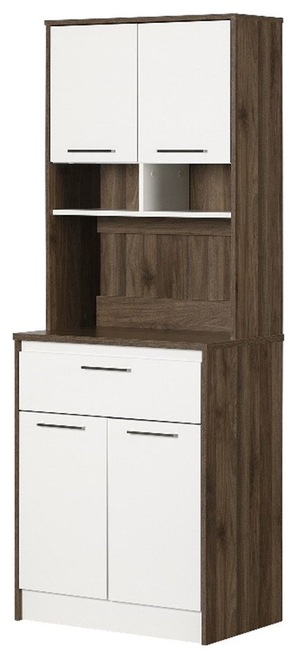 Pemberly Row Pantry Cabinet with Microwave Hutch Natural Walnut and White