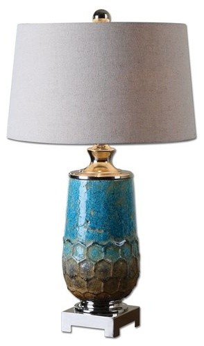 Blue Ceramic And Polished Nickel Manzu Table Lamp With Round Shade