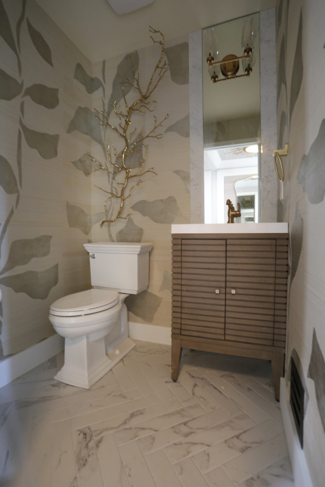 Inspiration for a mid-sized transitional l-shaped marble floor, white floor and exposed beam kitchen remodel in DC Metro with an undermount sink, shaker cabinets, white cabinets, quartzite countertops, white backsplash, quartz backsplash and stainless steel appliances