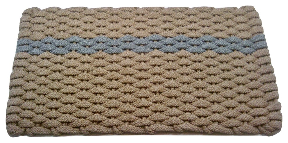 20"x34" Rockport Rope Mat, Tan With Offset Navy Stripe Tan Insert
