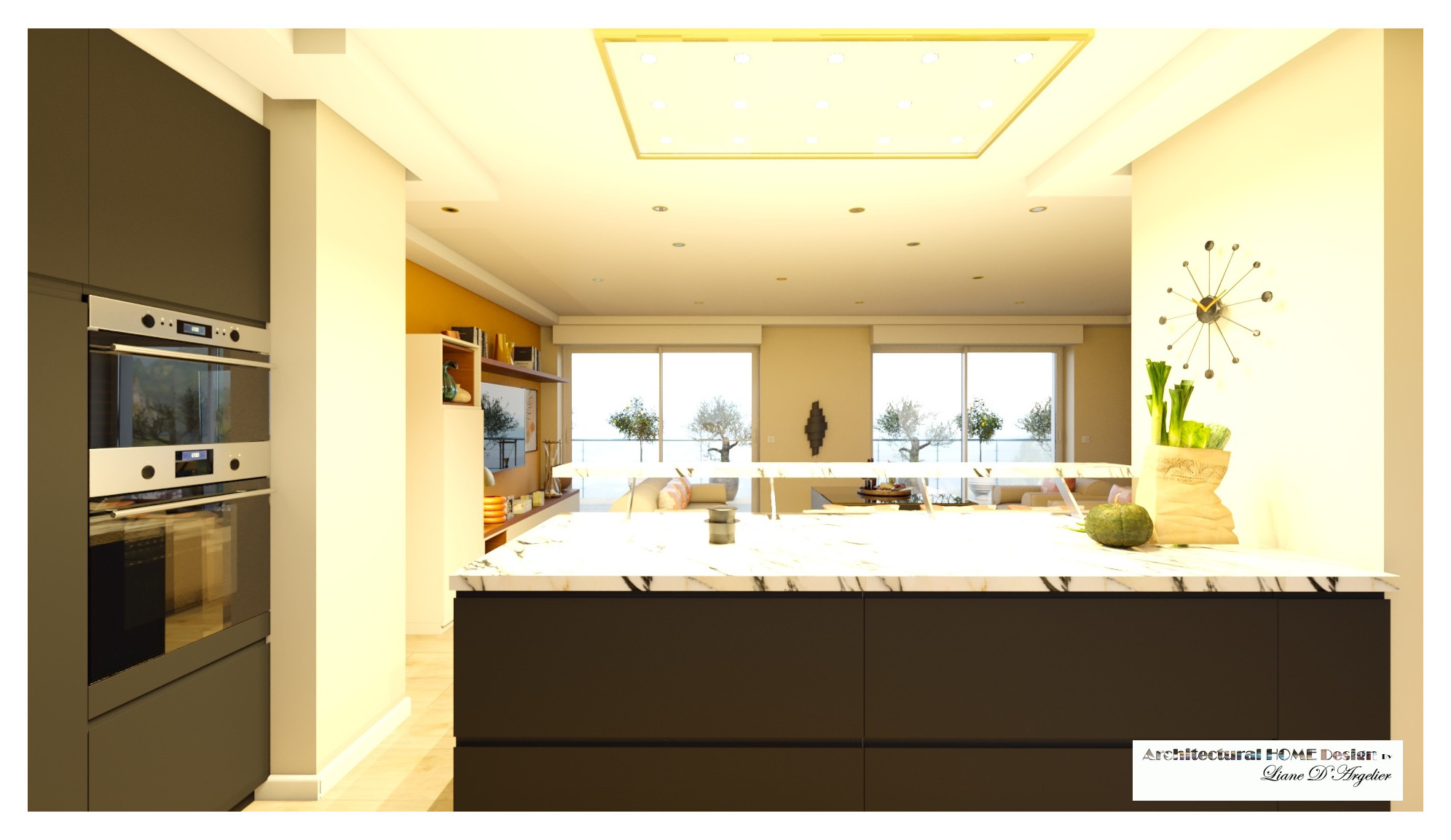 Living 60 m² chic avec cuisine ouverte.