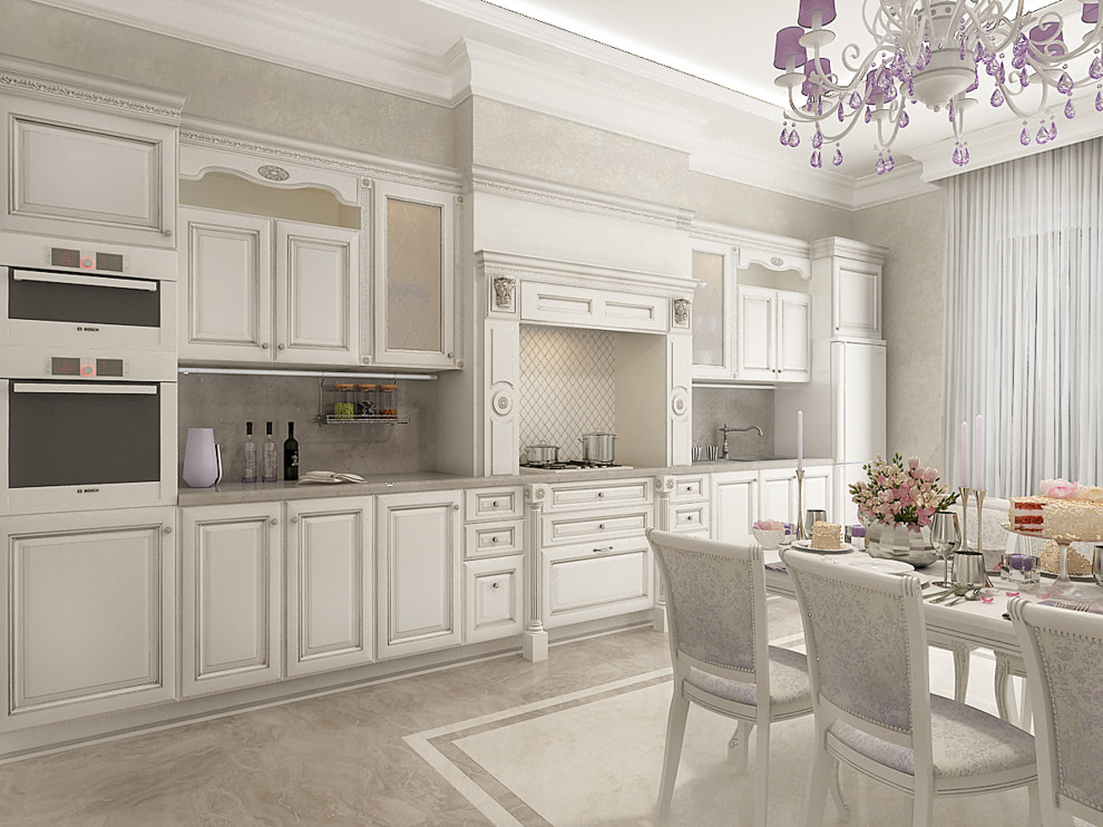 Кухня и гостиная в светлых тонах с сиреневыми акцентами
