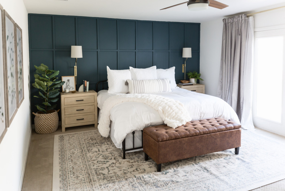 Inspiration for a mid-sized country master bedroom in Phoenix with white walls, carpet and beige floor.