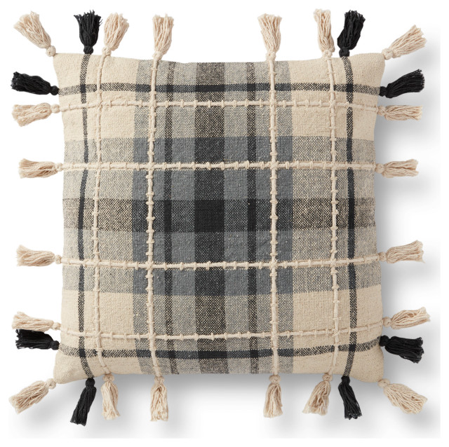 Gray/Multi 18"x18" Hand Woven Updated Traditional Plaid Pillow With Tassels