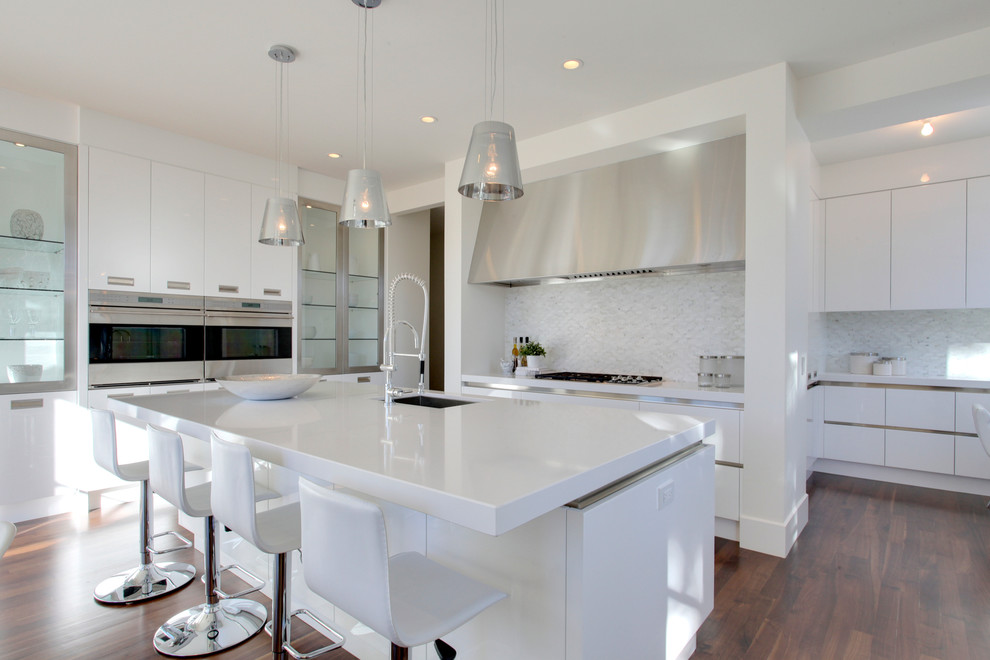 Design ideas for a contemporary kitchen in Calgary with flat-panel cabinets.