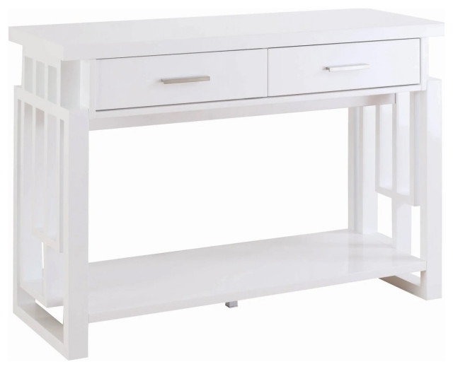 Transitional Console Table, Windowpane Sides & Storage Drawers, High Gloss White