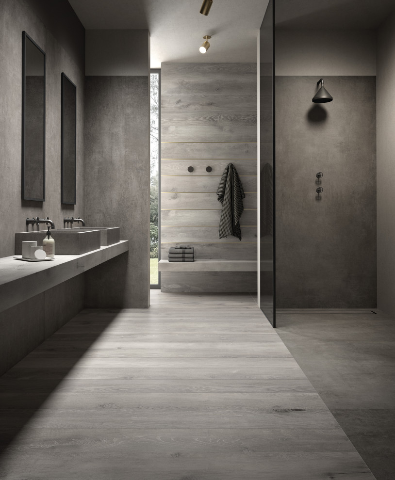 Inspiration for a contemporary 3/4 bathroom with grey cabinets, a curbless shower, gray tile, porcelain tile, wood-look tile, a vessel sink, grey floor, an open shower, grey benchtops, a double vanity, tile benchtops and a floating vanity.