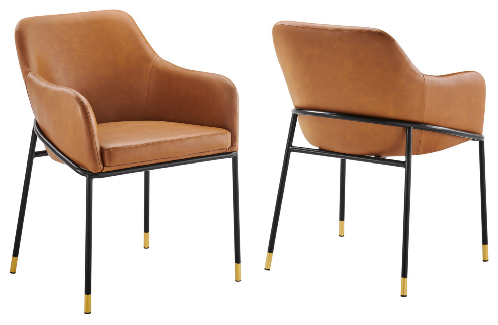 Jovi Vegan Leather Dining Chair Set of 2, Black Tan Midcentury