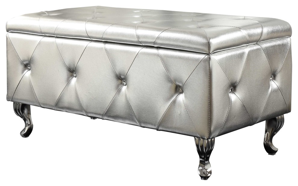 HomeRoots Furniture, Silver Tufted Storage Bench, Silver Contemporary