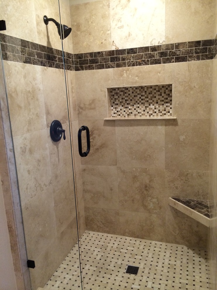 Inspiration for a mid-sized traditional master bathroom in Dallas with an undermount sink, an alcove shower, a two-piece toilet, beige tile, beige walls and travertine floors.