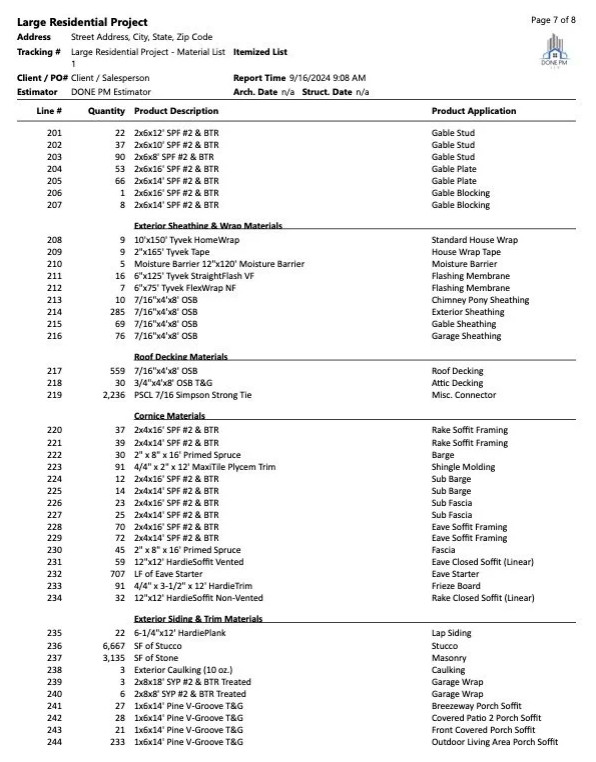 Sample Material Estimate and Takeoff