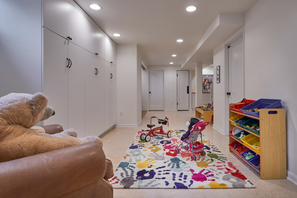 Photo of a mid-sized transitional walk-out basement in Seattle with white walls, linoleum floors, no fireplace and multi-coloured floor.