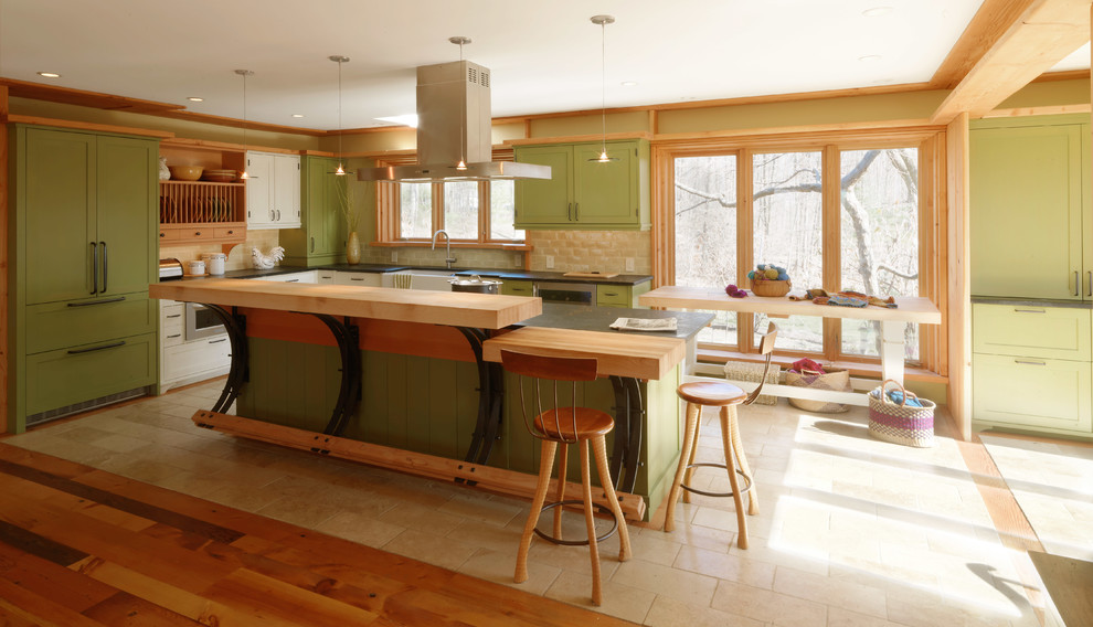 Inspiration for a large country l-shaped open plan kitchen in Burlington with a farmhouse sink, recessed-panel cabinets, green cabinets, onyx benchtops, grey splashback, ceramic splashback, stainless steel appliances, ceramic floors and with island.