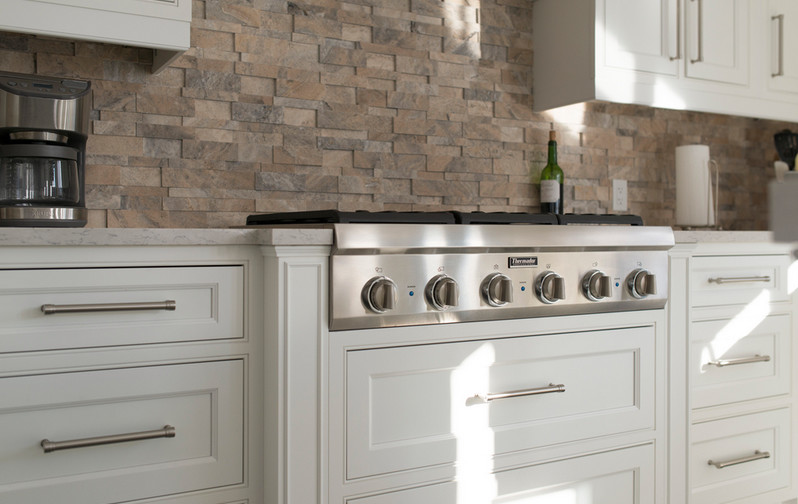 Eat-in kitchen - transitional porcelain tile and gray floor eat-in kitchen idea in Toronto with an undermount sink, beaded inset cabinets, white cabinets, quartzite countertops, brick backsplash, stainless steel appliances, an island and white countertops