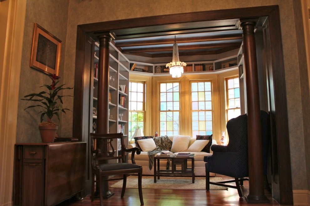 Photo of a mid-sized traditional foyer in Atlanta with blue walls, medium hardwood floors and a single front door.