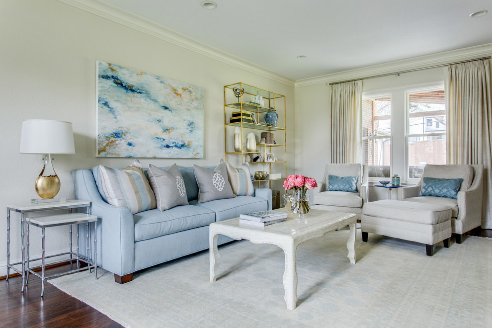 Transitional medium tone wood floor living room photo in Dallas with gray walls