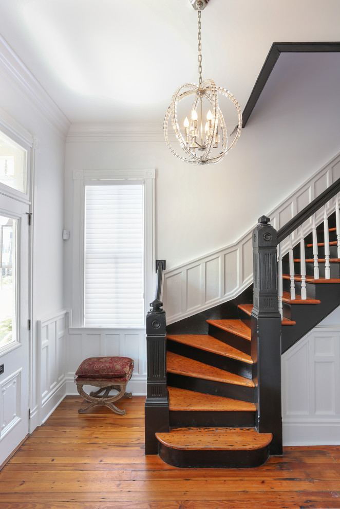 Transitional wood staircase in Charleston.