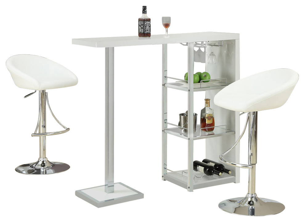 Monarch Specialties 2343 3-Piece Glossy White Bar Table Set with 2304 Barstools