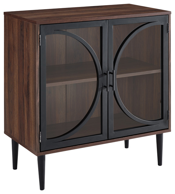 30 Metal Door Tempered Glass Accent Storage Cabinet Dark Walnut