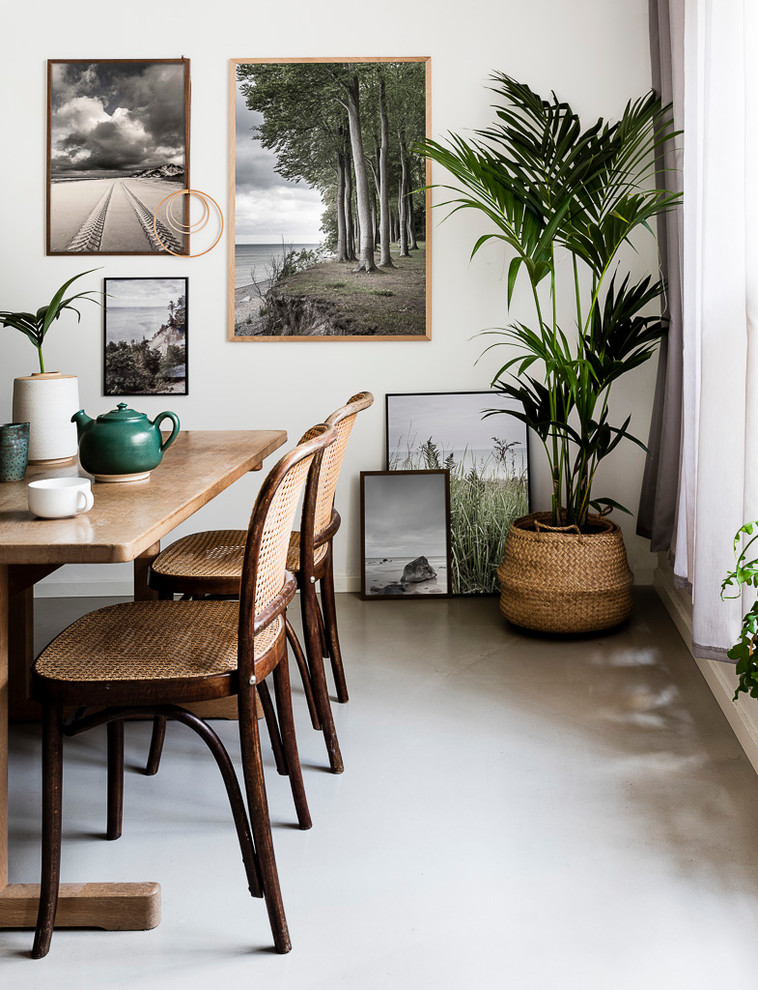 Inspiration for a small midcentury dining room in Copenhagen with white walls and grey floor.