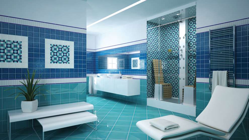 Inredning av ett modernt blå blått badrum, med blå kakel, keramikplattor, blå väggar, klinkergolv i keramik, kaklad bänkskiva och grönt golv