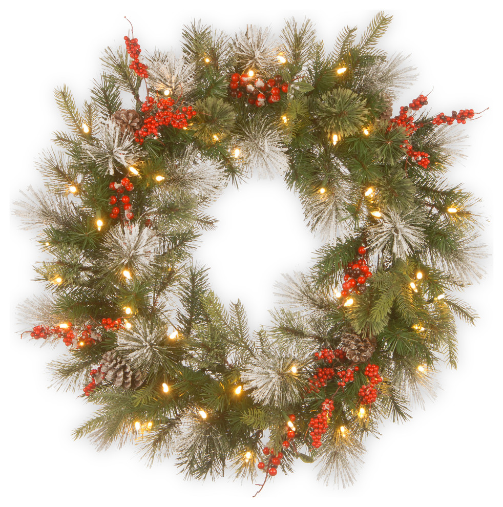 Wintry Berry Wreath With Battery Operated LED Lights, 30"