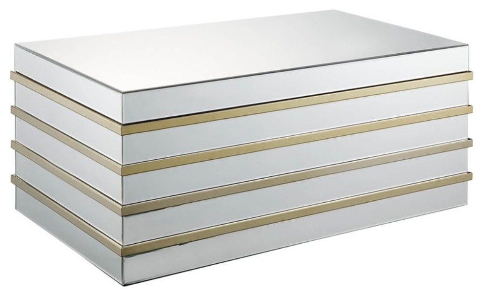 Modern Style Rectangular Metal And Mirror Coffee Table, Silver And Gold