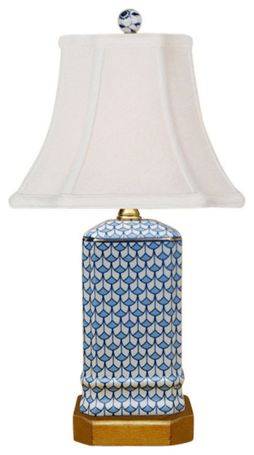 Blue and White Geometric Square Porcelain Vase Table Lamp 15.5"