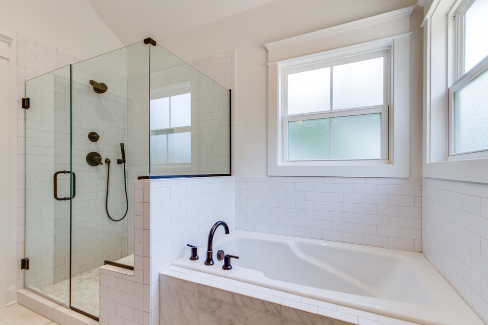 Inspiration for a mid-sized industrial master bathroom in Nashville with an undermount sink, shaker cabinets, dark wood cabinets, quartzite benchtops, an open shower, a two-piece toilet, white tile, subway tile, white walls and porcelain floors.