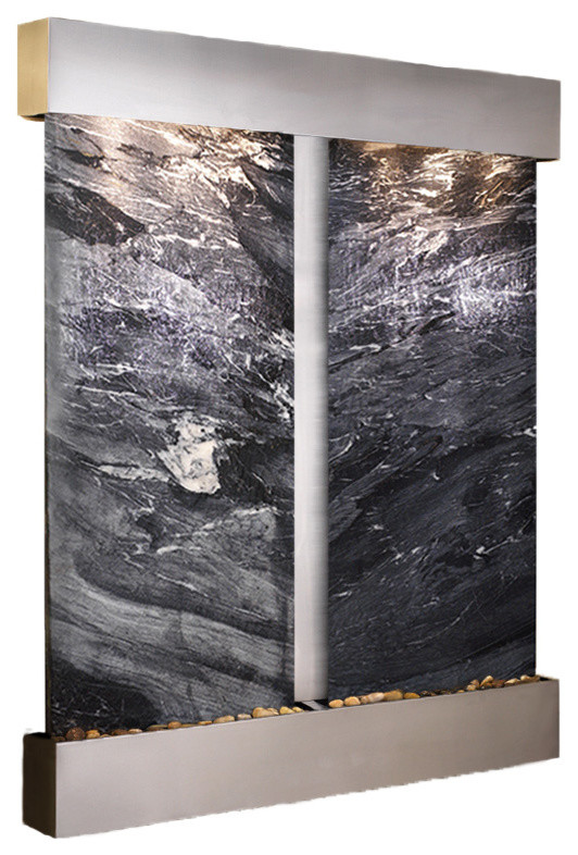 Cottonwood Falls Water Fountain, Black Spider Marble, Stainless Steel, Square