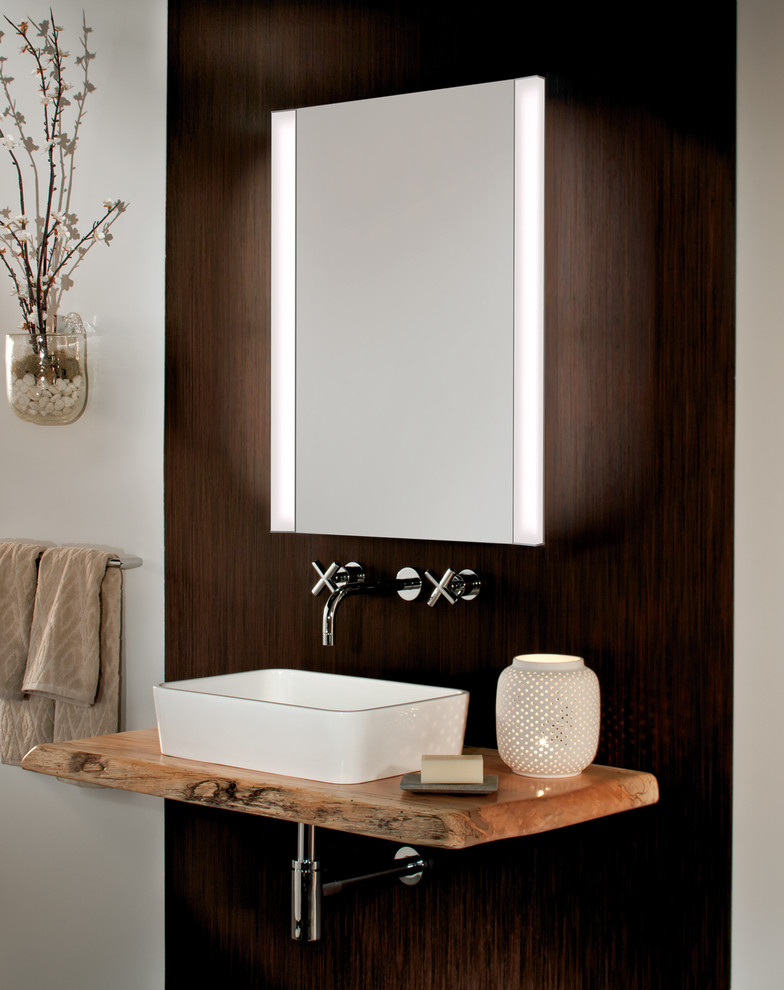 Bathroom - huge contemporary master ceramic tile bathroom idea in New York with a vessel sink, wood countertops and beige walls