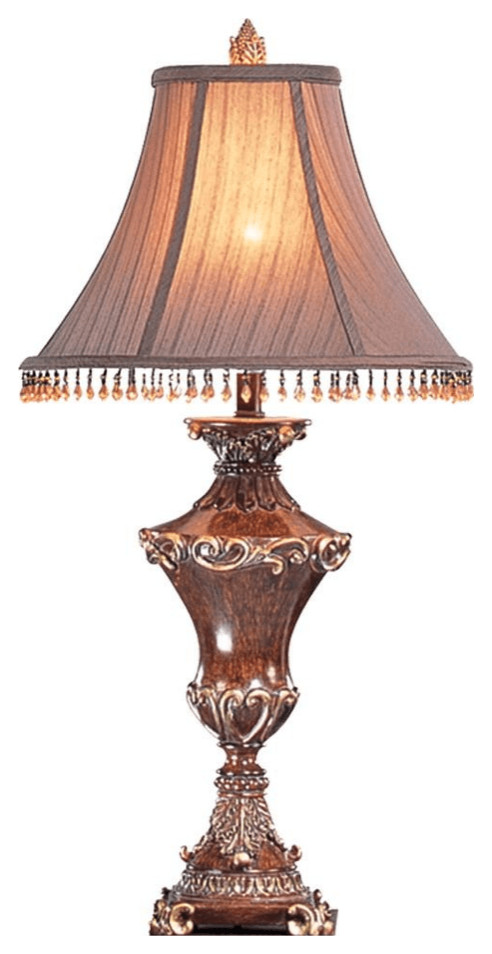 32" Bronze Urn Table Lamp With Brown Bell Shade and Hanging Beads
