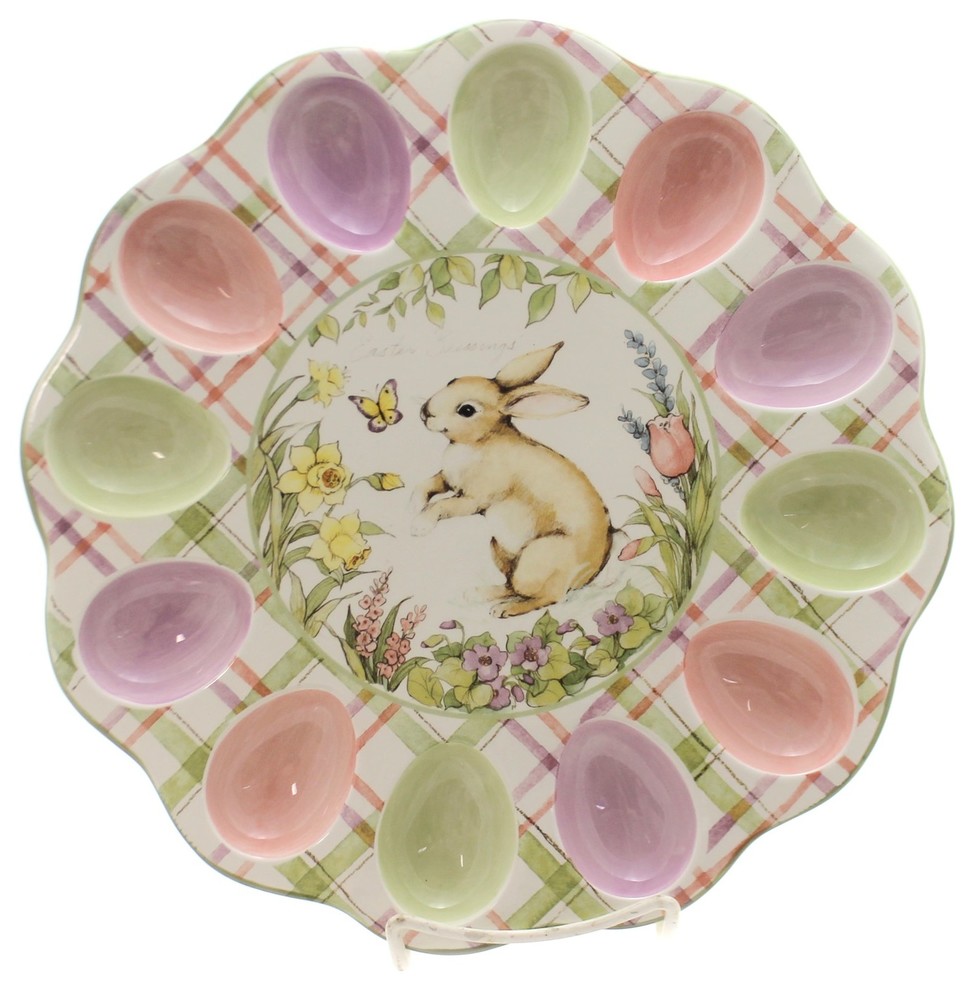 Tabletop Bunny Patech Egg Plate Ceramic Easter Rabbit Spring 22669 Farmhouse Serving Dishes 