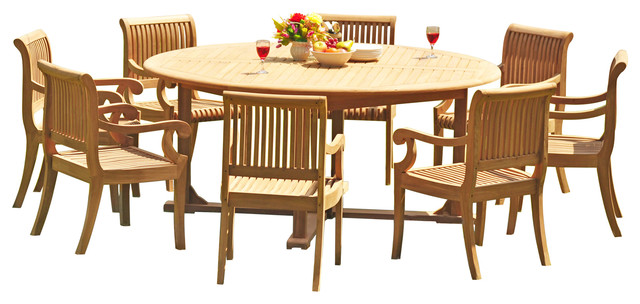 9 Piece Outdoor Patio Teak Dining Set, 72 Round Dining Table With 8 Chairs