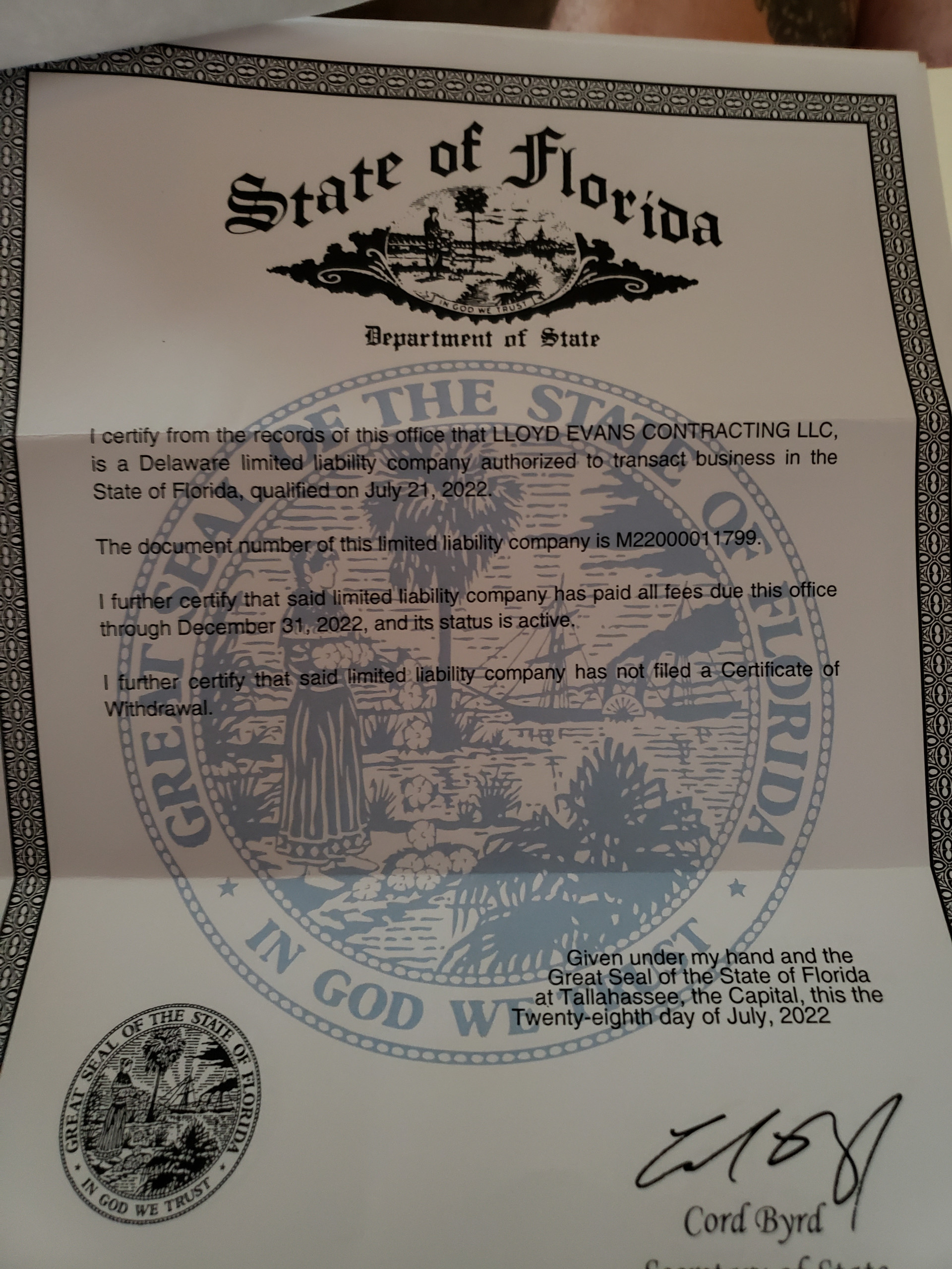 Florida business license. LLC aug 2022
