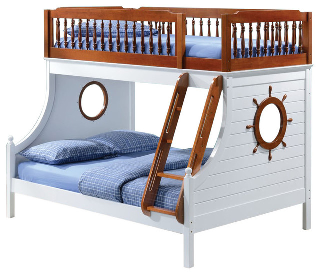 Nautical Wooden Twin/Full Bunk Bed, Oak Brown and White Beach Style