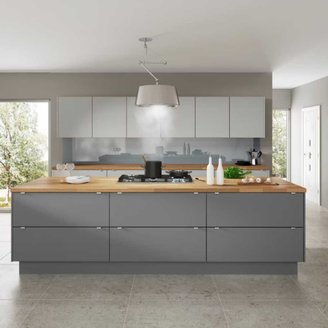 Södermalm slab kitchen doors with Nordic-inspired textures and tones. Scandinavian kitchen design available across Leicestershire.