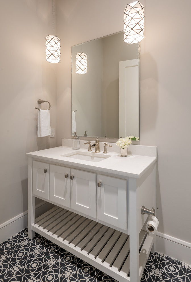 Mid-sized modern 3/4 bathroom in Dallas with shaker cabinets, white cabinets, a one-piece toilet, white tile, subway tile, grey walls, marble floors and marble benchtops.