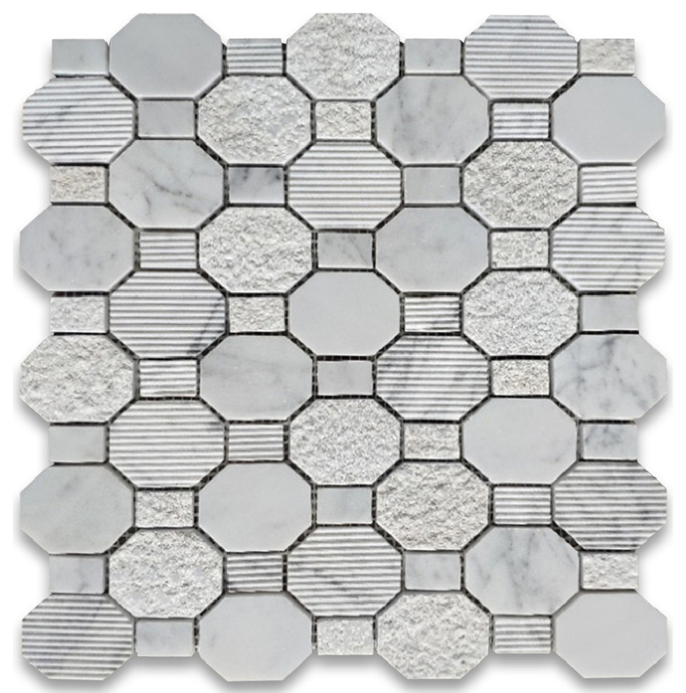 Carrara White Marble Stella Octagon Regency Multi Finish Textured Tile, 1 sheet