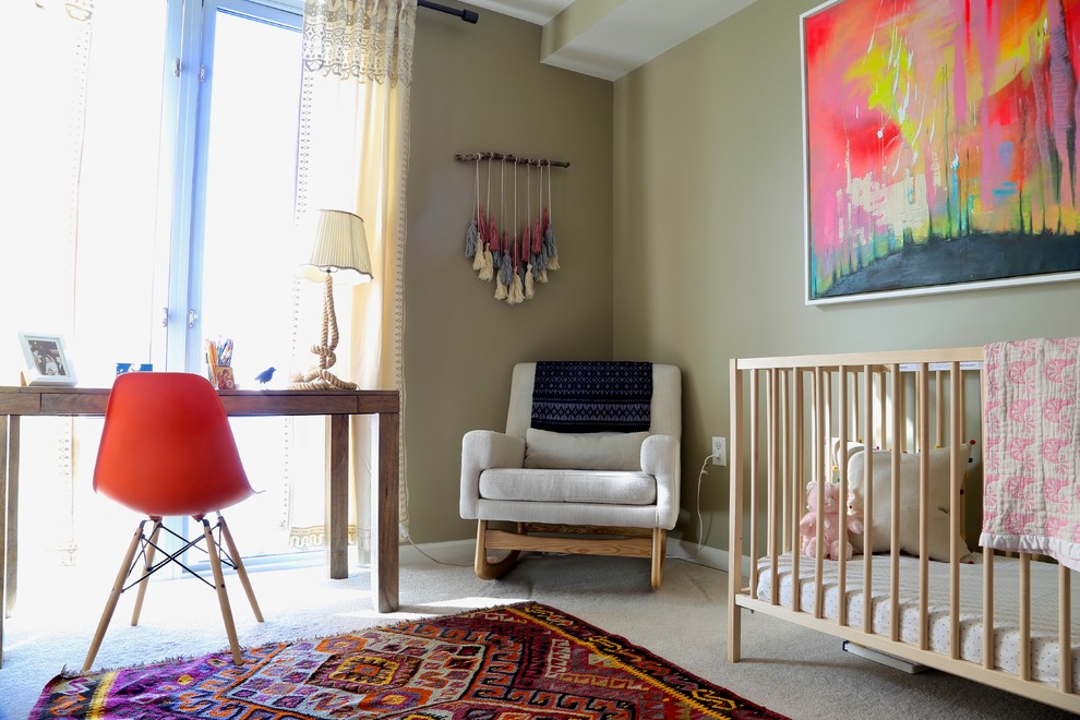 Design ideas for a small eclectic kids' room for girls in New York with beige walls and carpet.