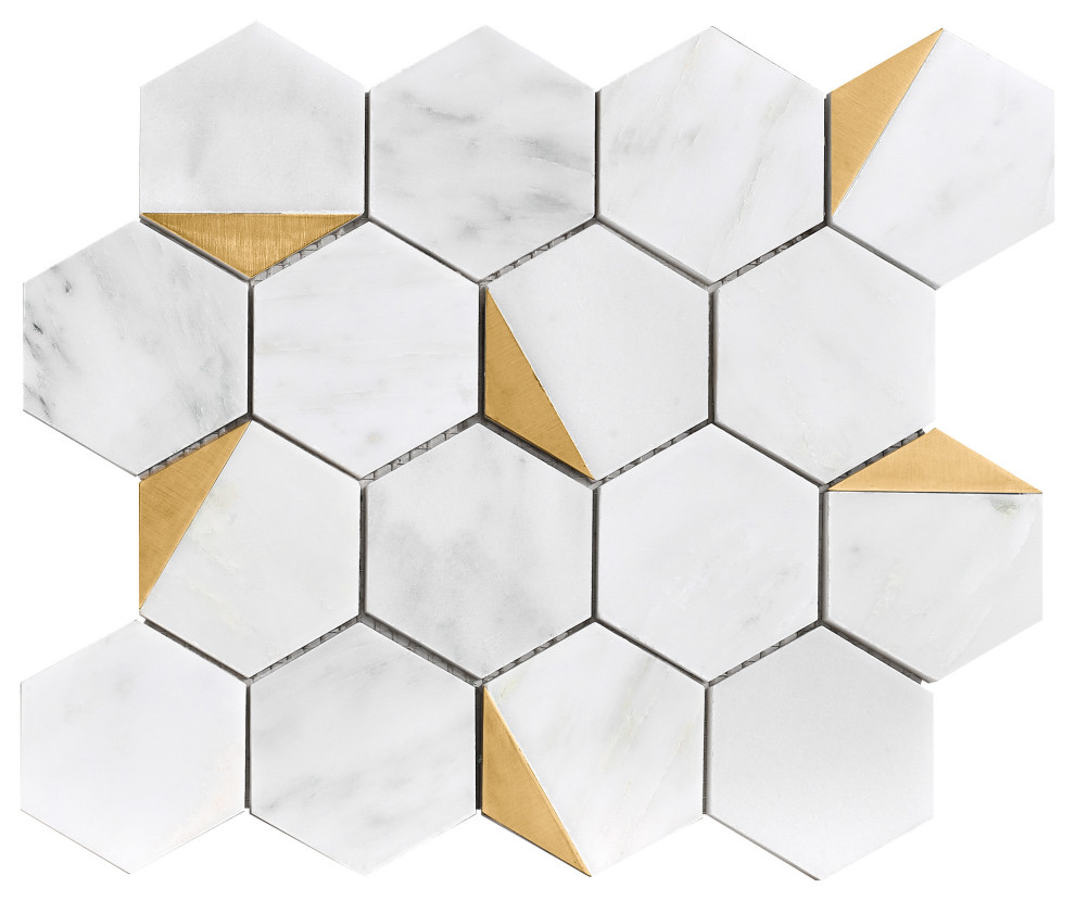 3“ Hexagon White and Gold Metal Stainless Steel Polished Marble Tile (10 sheets)