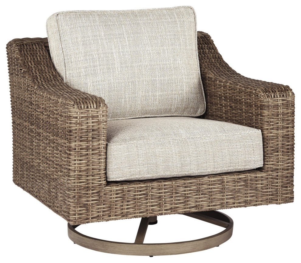 Resin Wicker Woven Swivel Chair With Cushioned Seat, Brown And Beige