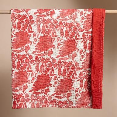Red & White Floral Kantha Quilt